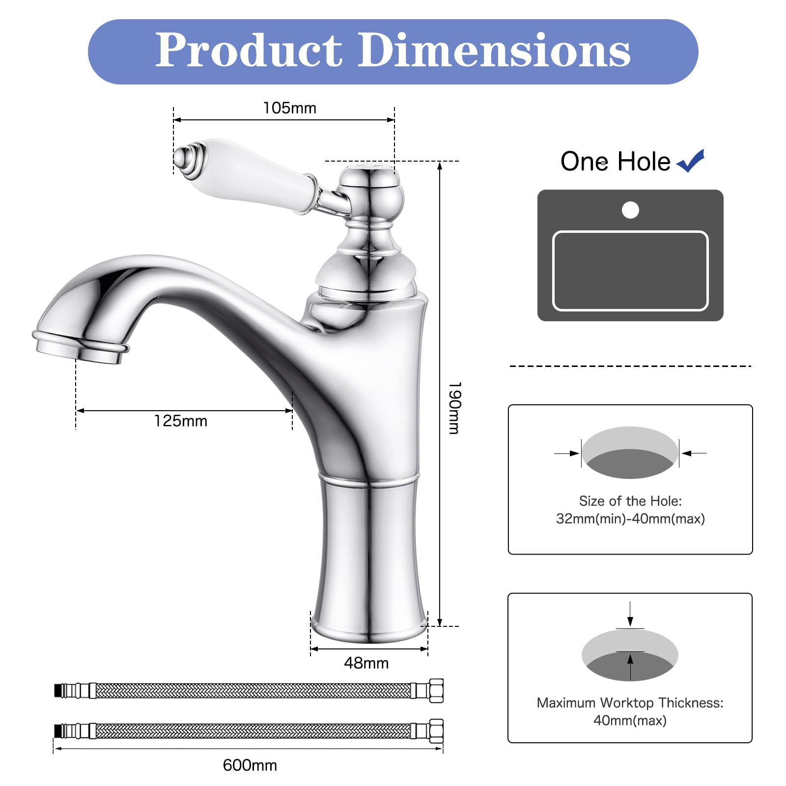 Rubinetto Bagno Lavabo Cromato Monocomando Miscelatore Lavabo Bagno con Manopola in Ceramica, Aeratore Removibile, Ottone G3/8