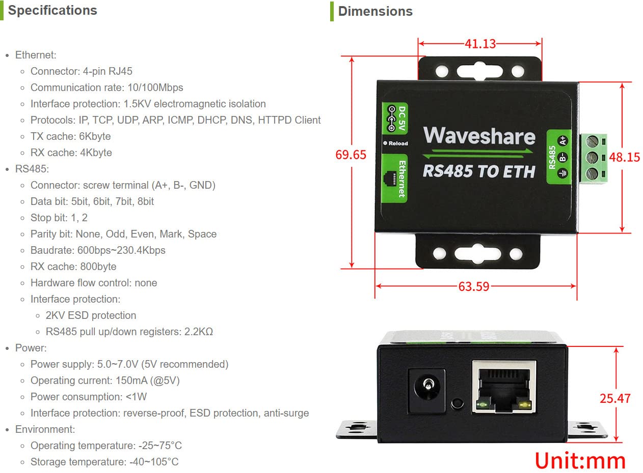 Waveshare RS485 to Ethernet Converter M0 Series 32-bit ARM Processor Supports DNS Domain Name Resolution Customized Registration Packets Heartbeat Packets Configurable via Webpage GET and Post