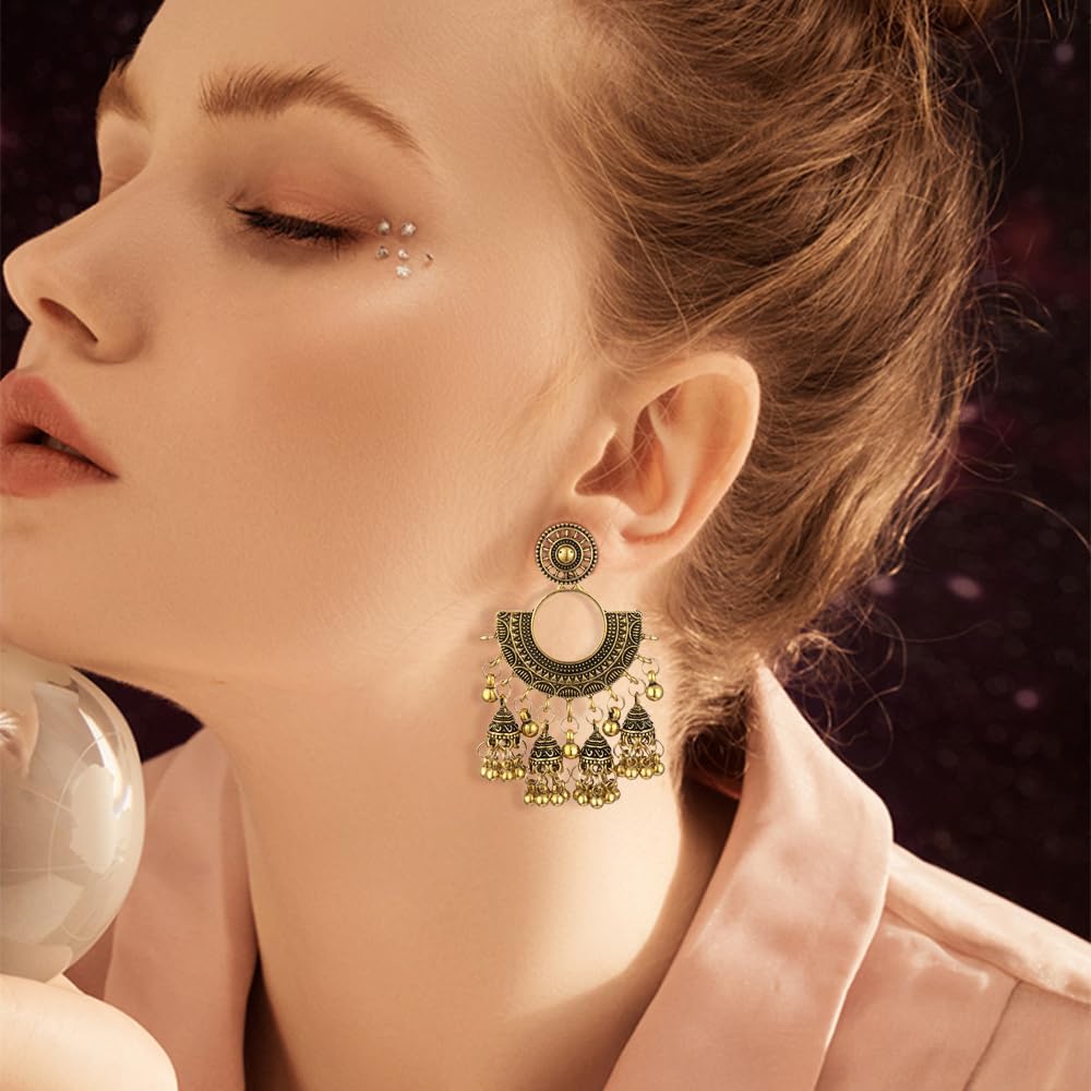 Retro Traditional Jhumka Jhumki Drop Earrings for Women Tassel Bell Beaded Ball Wedding Party Oxidized Dangle Earring Bollywood Bohemian Dangling Earring Ethnic Gypsy Indian Jewelry Gift - Image 3