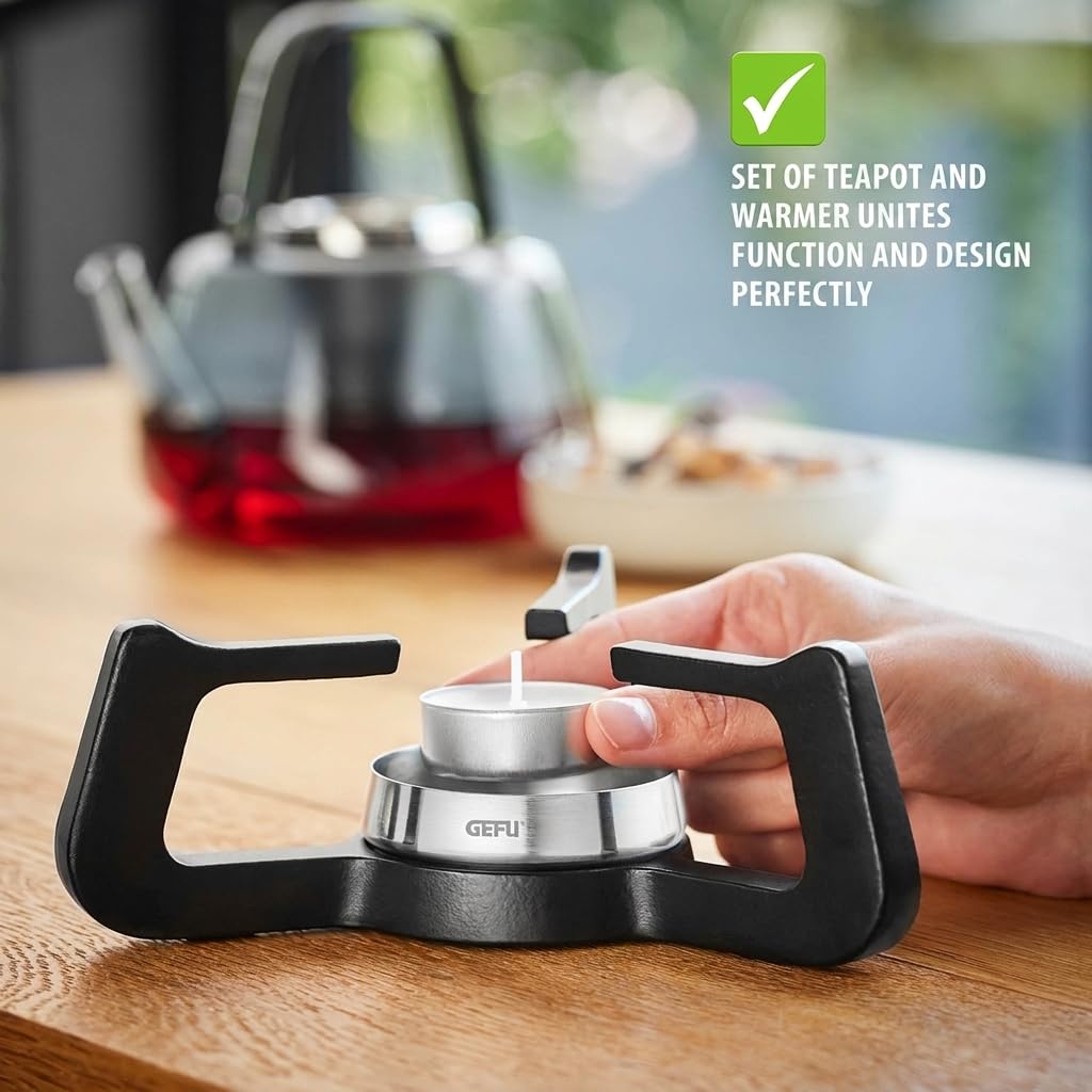 GEFU CHAVELLE Tetera con calientaplatos de 1,2 l – soplado a mano, vidrio de borosilicato, filtro de té de acero inoxidable, hierro fundido, apto para lavavajillas