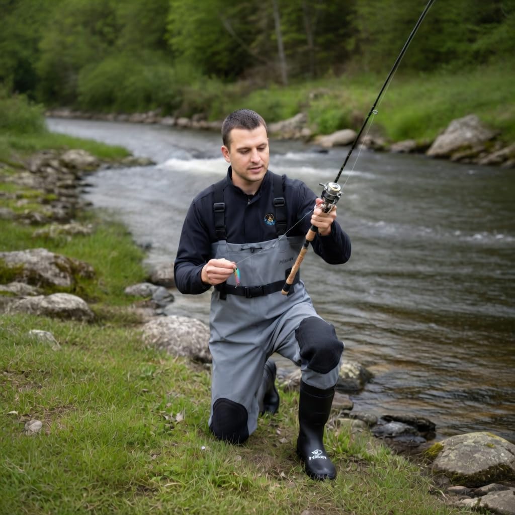 Wodery Wędkarskie Spodniobuty PRO65 ze Wzmocnieniami na Kolanach, Rozmiary 39-47, Antypoślizgowa Podeszwa, Wodoodporne Wysokie Spodnie dla Wędkarzy i Myśliwych, Podwójnie Zgrzewane Szwy, Szelki