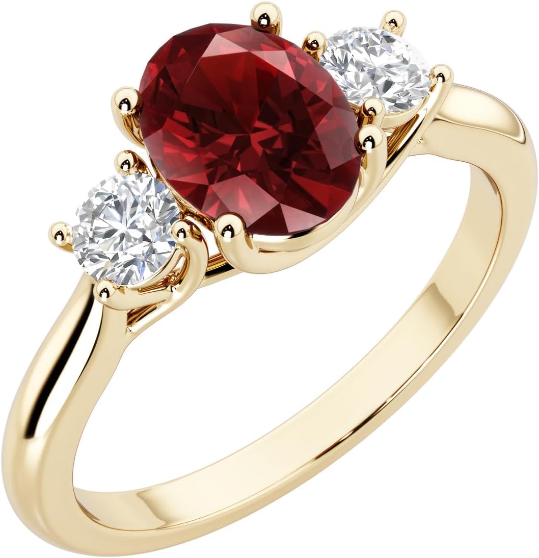 PEORA 3-Stone Oval Shape Garnet and Lab Grown Diamond Trellis Ring 14K White or Yellow Gold, 1.80 Carats total, Sizes 4 to 10