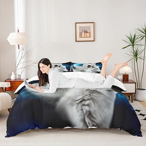 Miniatura 2 de Manfei Juego de funda de edredón con estampado 3D de lobo blanco, juego de ropa de cama de 3 piezas para decoración de habitación de niños y