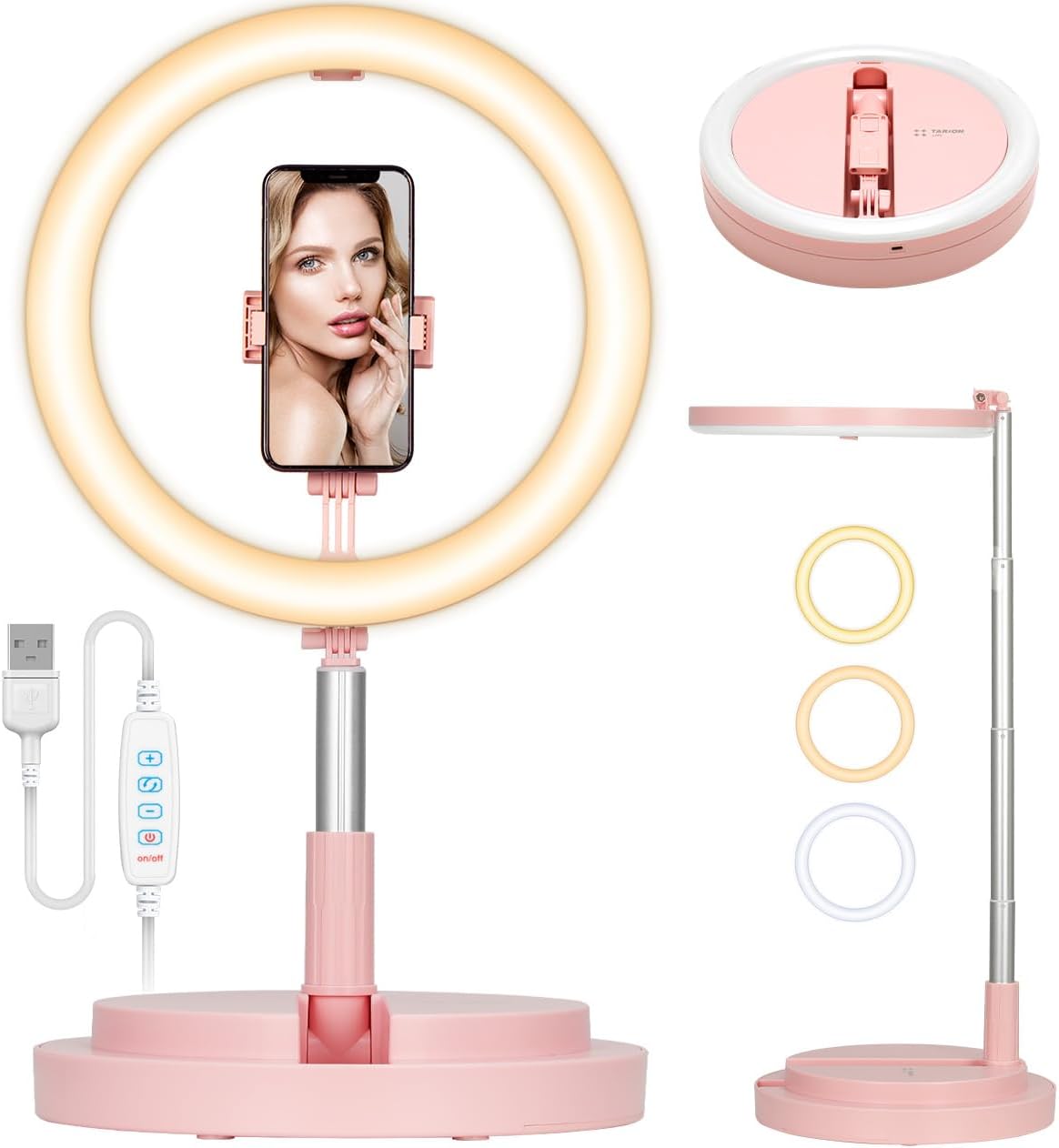LED Selfie Ring Light - Ring Light with Stand and Phone Holder Cold Shoe Mount, 11.8" Foldable Circle Light, 3 Lighting Modes x 10 Brightness Levels, Adjustable Height from 12.9" to 66.5", Pink