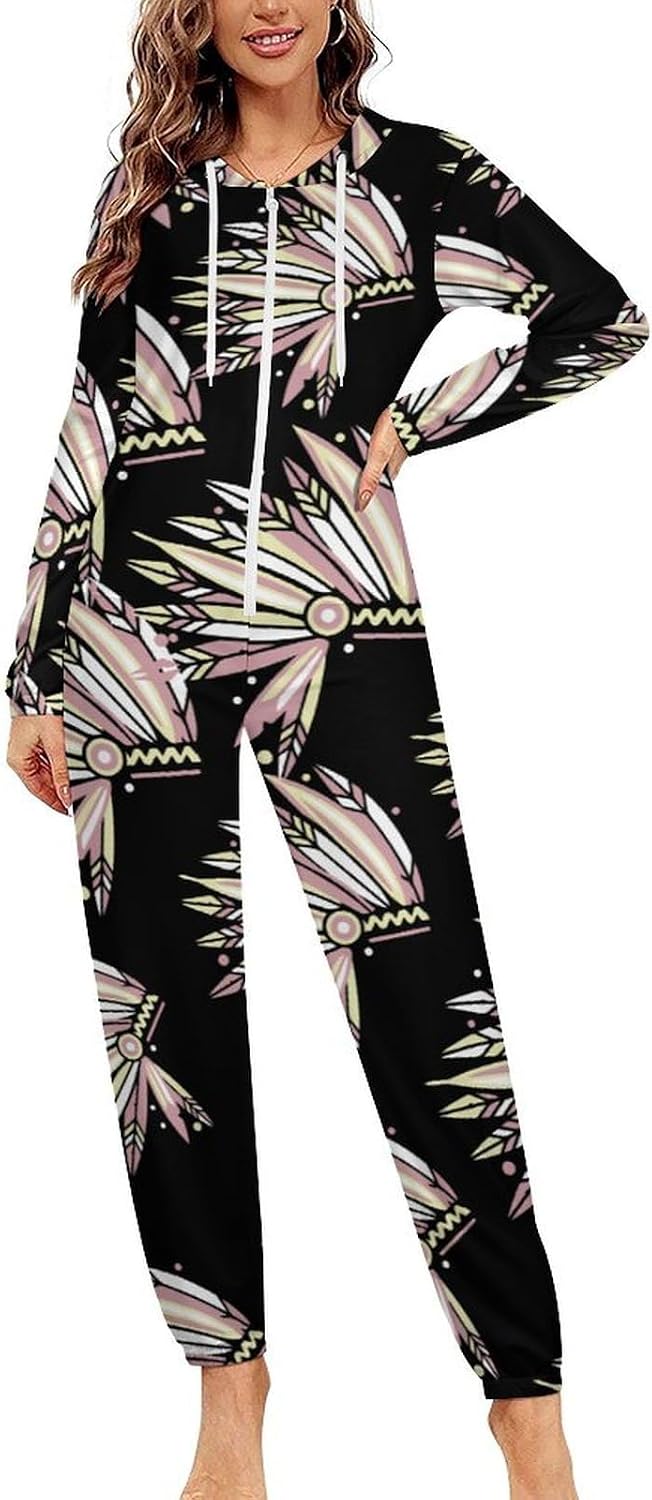 Indian Chieftain's Headdress Adult Pajamas Onesie with Hood Pocket Jumpsuits One Piece Sleepwear
