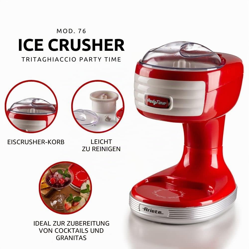 Ariete Ice Crusher Party Time 76, Eis- und Granita-Zubereiter, 30W, Eiszerkleinerer mit Abnehmbarem Korb, Transparenter Deckel, Edelstahlklingensatz, 30W, Rot