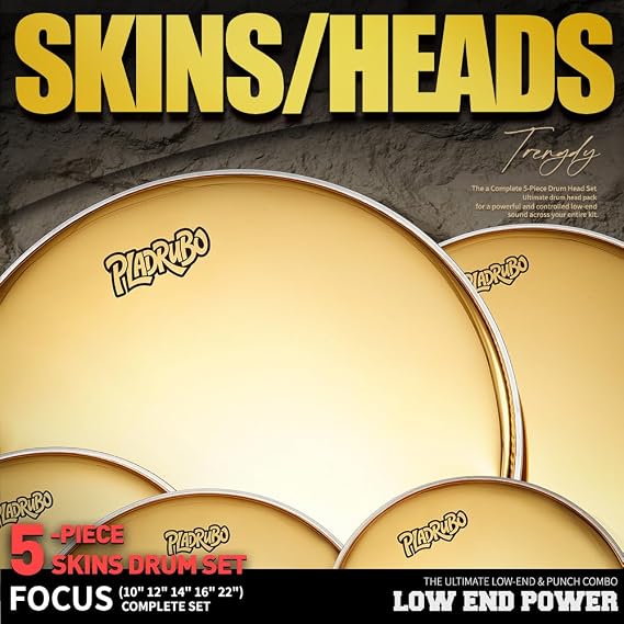 Gold Drum Heads Set 5 Piece Drumhead Pack (10 12 14 16 22) Standard Single Ply Drum Heads for Drum Kit Replacement, Metallic Gold Drum Heads