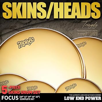 Gold Drum Heads Set 5 Piece Drumhead Pack (10 12 14 16 22) Standard Single Ply Drum Heads for Drum Kit Replacement, Metallic Gold Drum Heads