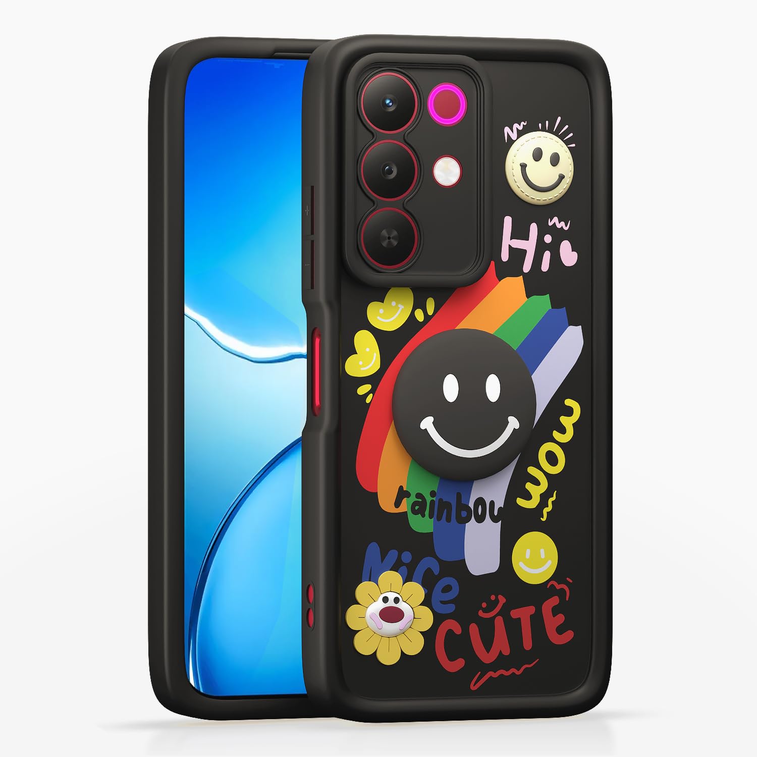 Amazon Basics Back Cover for Realme Narzo 90X 5G / Realme C85 5G / Realme 15X 5G | Cute 3D Cartoon Rainbow Smile Flower | Raised Camera Protection | Shockproof Soft Silicone Bumper Case (Black)