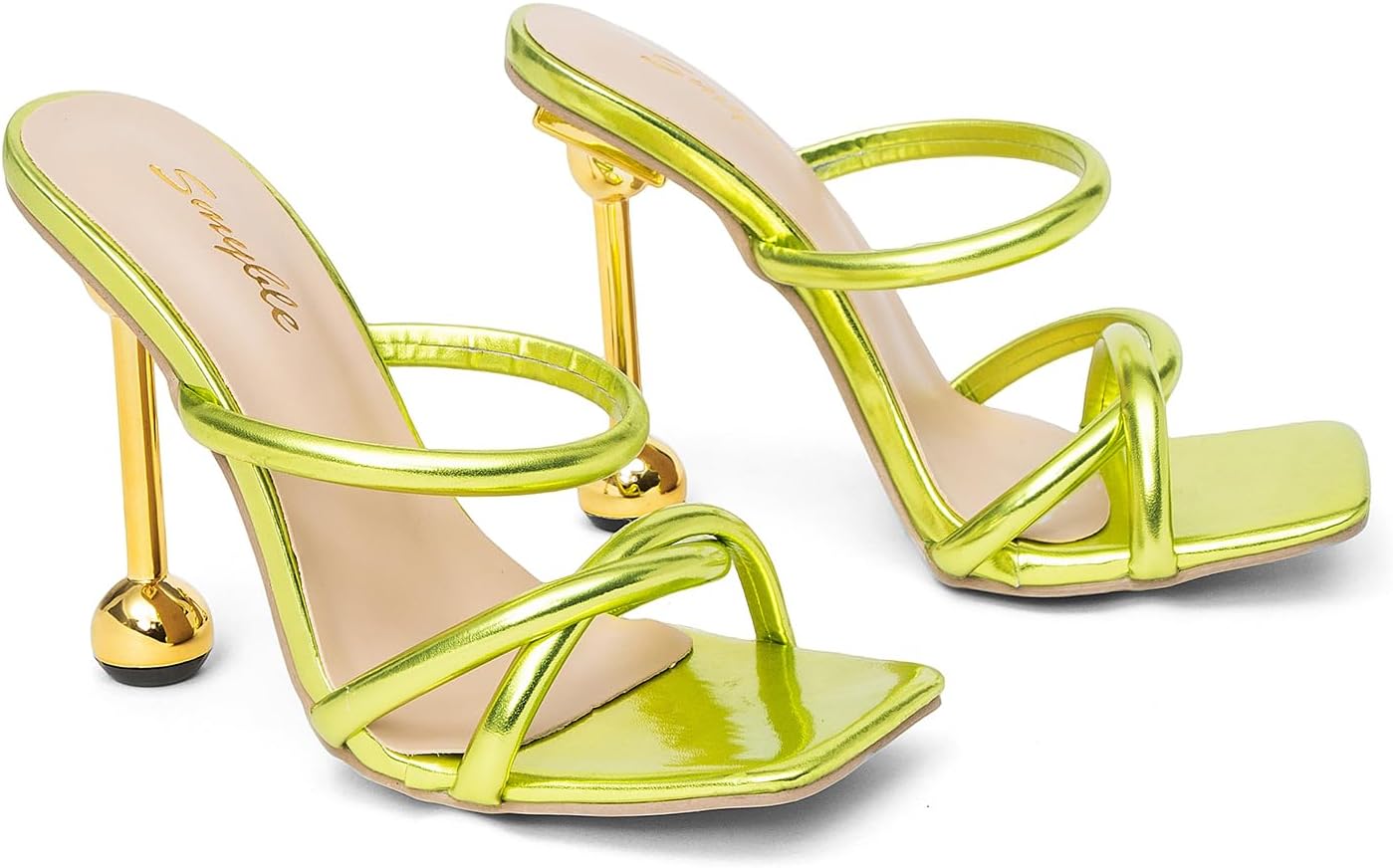 Women's Square Open Toe Twisted Strappy Heeled Sandals 4.3 Inch Ball Stiletto Heel Metallic Green Slip On Ankle Strap Dress Party Shoes image 5