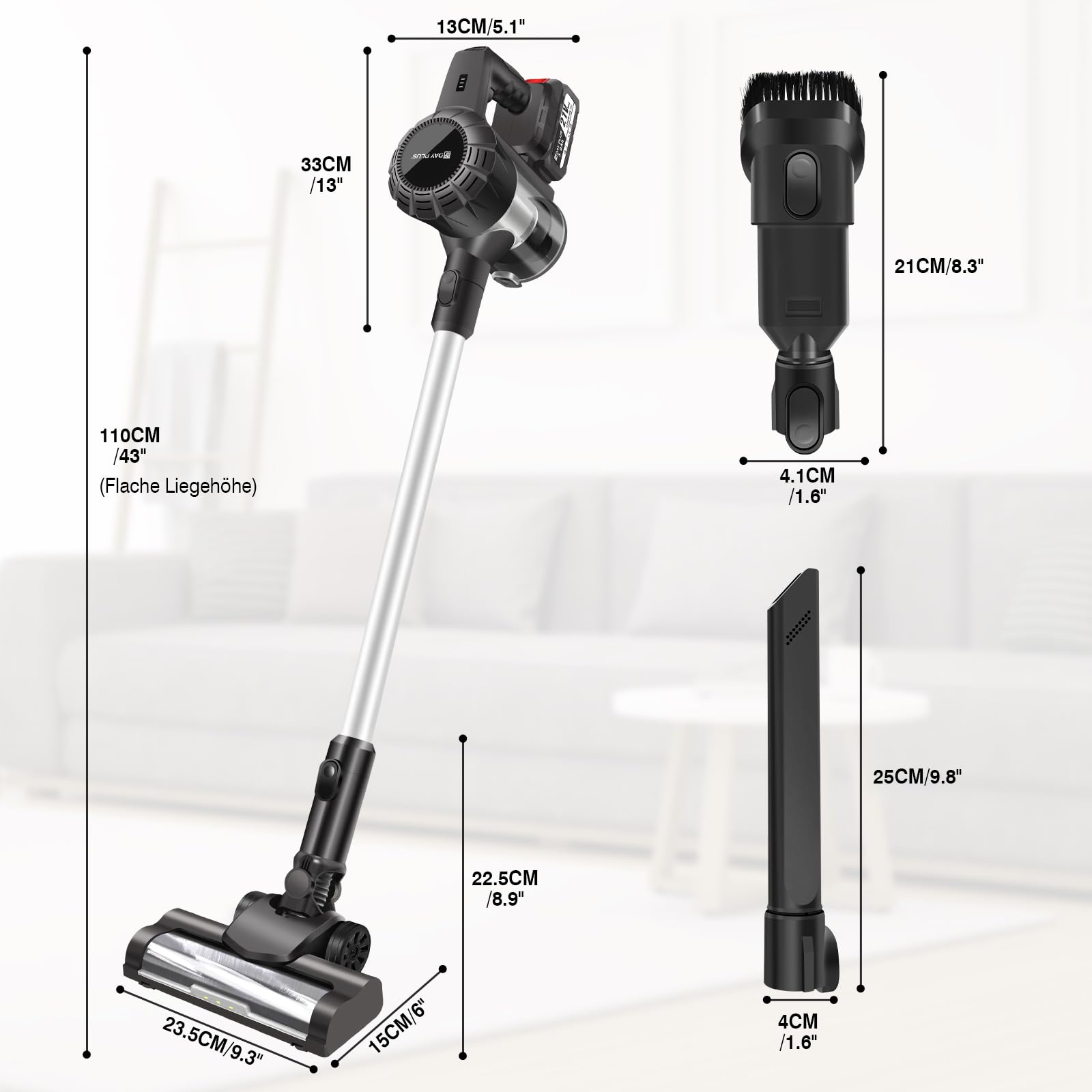 Aspirador de pie inalámbrico 3 en 1, con LED y soporte de pared, 15000 Pa, potente aspiradora inalámbrica con filtro y doble batería, aspiradora de varilla para pelo de mascotas
