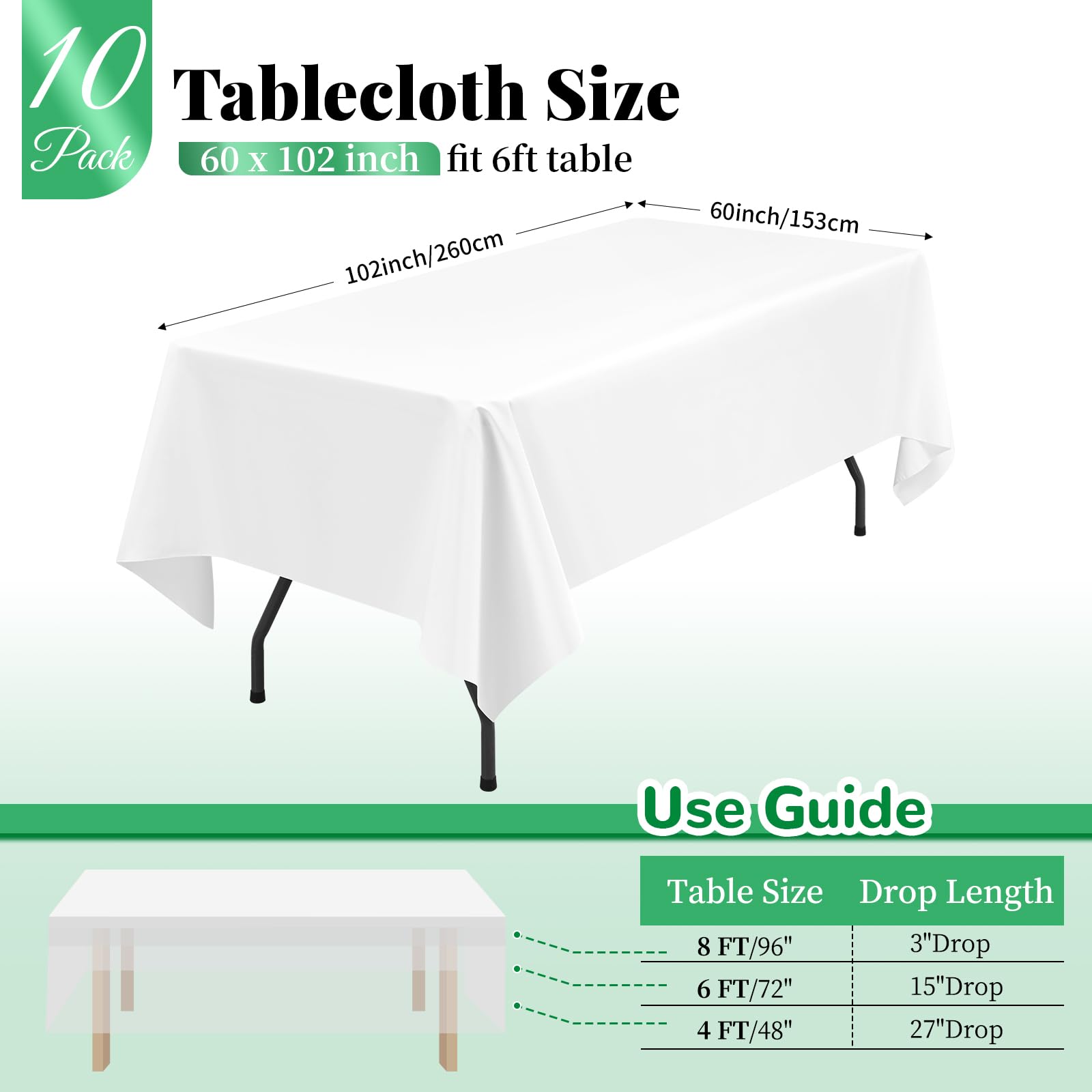 10 paquet de nappes en polyester Blanc, 153 x 260 cm pour blanc nappe rectangulaire de 1,8 m, lavables et réutilisables, résistantes aux taches et aux plis, pour fête de mariage restaurant décoration