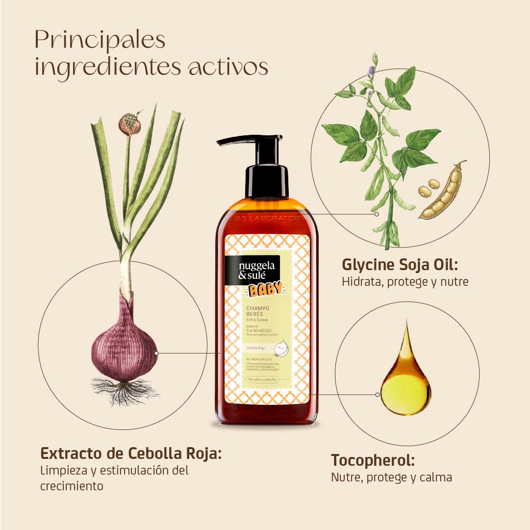 Nuggela & Sulé Champú BABY - Extra Suave. Bebés de 3 a 36 meses. Extracto de Cebolla Roja y Vitamina E. No irrita los ojos. Línea Infantil. 1 x 250 ml