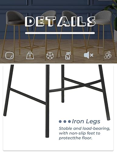 Miniatura 6 de Taburete de bar moderno tapizado con respaldo y pies, piel sintética, cojín grueso, Patas de Metal resistentes, altura de mostrador, para cocina,