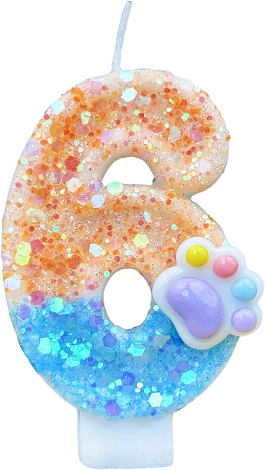 Dog Paw Birthday Number Candles for Cake Decoration, Orange Blue Dog Cat Paw Number 6 Candle, Dog Themed Birthday Cake Topper for Party Decorations Favors Supplies