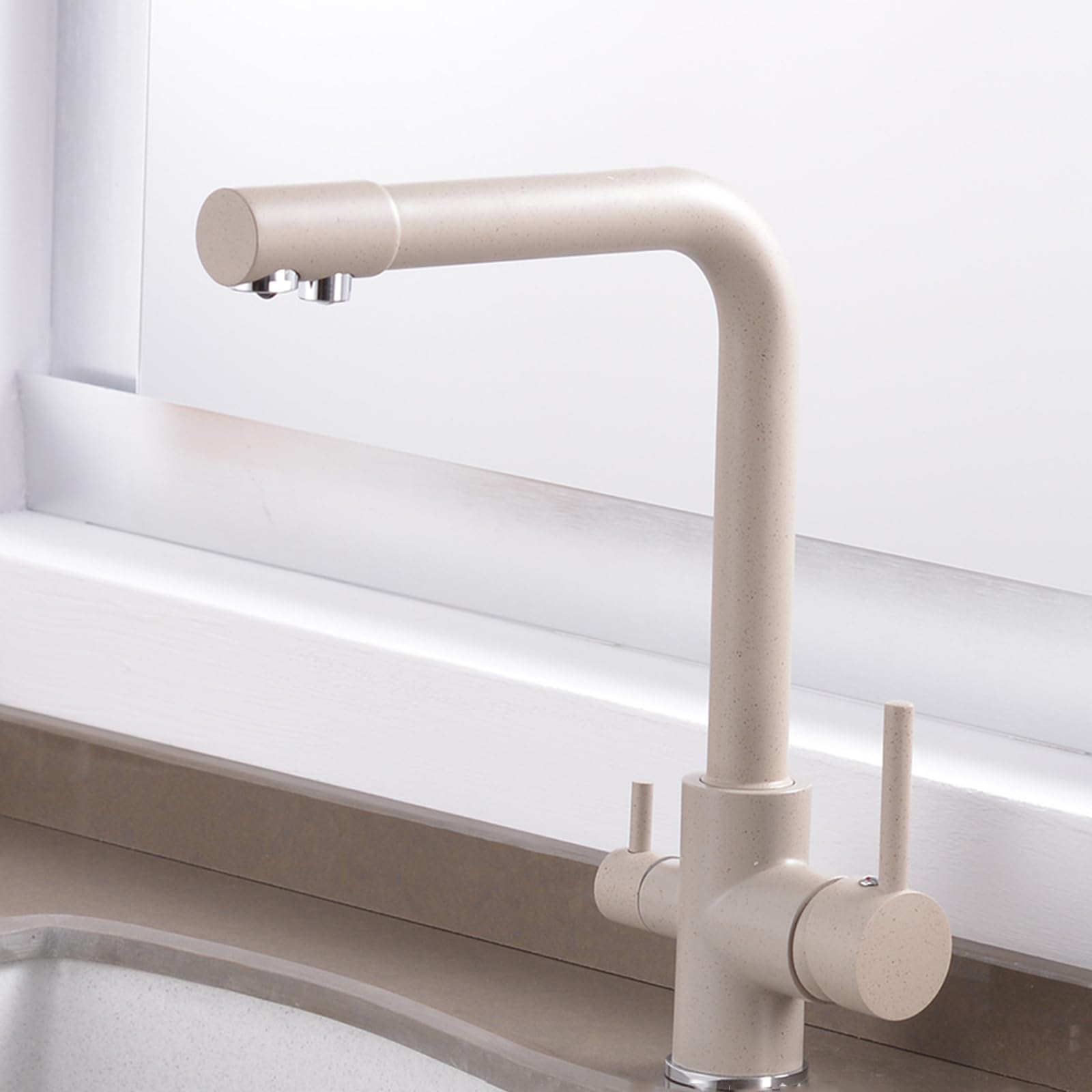 ZYCHSJXA 3 Way Kitchen Tap Brass Swivel Sink Mixer Single Hole Double Handle-Oatmeal Color