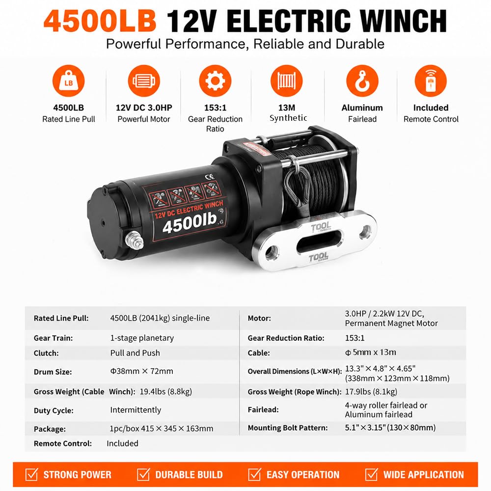 Kit de cabrestante eléctrico ATV/UTV de 4500 libras, cuerda sintética de 12 V CC, cabrestante de remolque de recuperación impermeable con control remoto inalámbrico y con cable, placa de