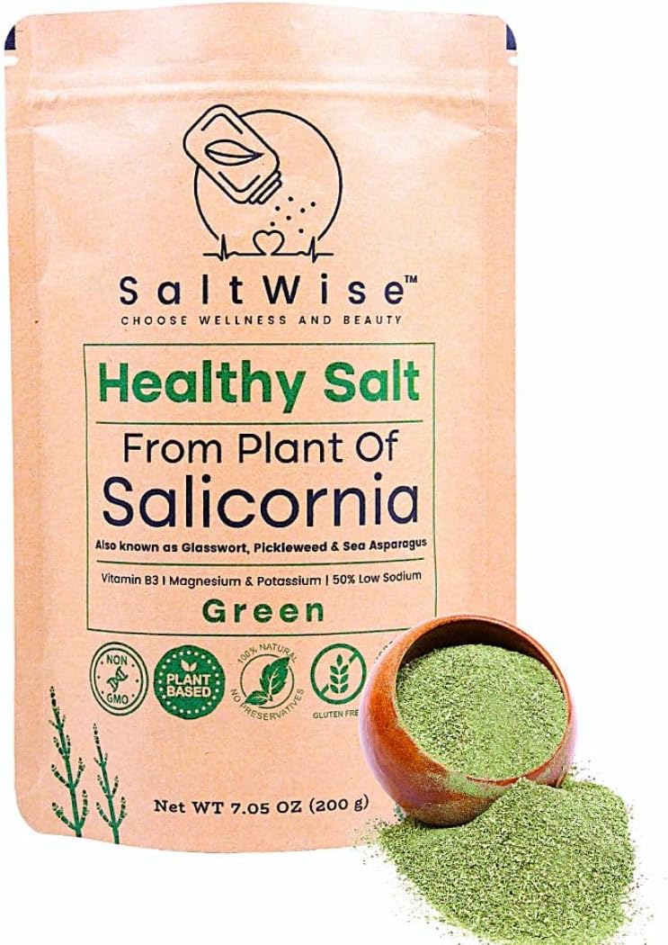 SaltWise Salicornia Green Salt – 50% Less Sodium, Plant-Based Salt Substitute, 100% Dehydrated Salicornia, Natural Umami, No additives (7.05 oz / 200g)