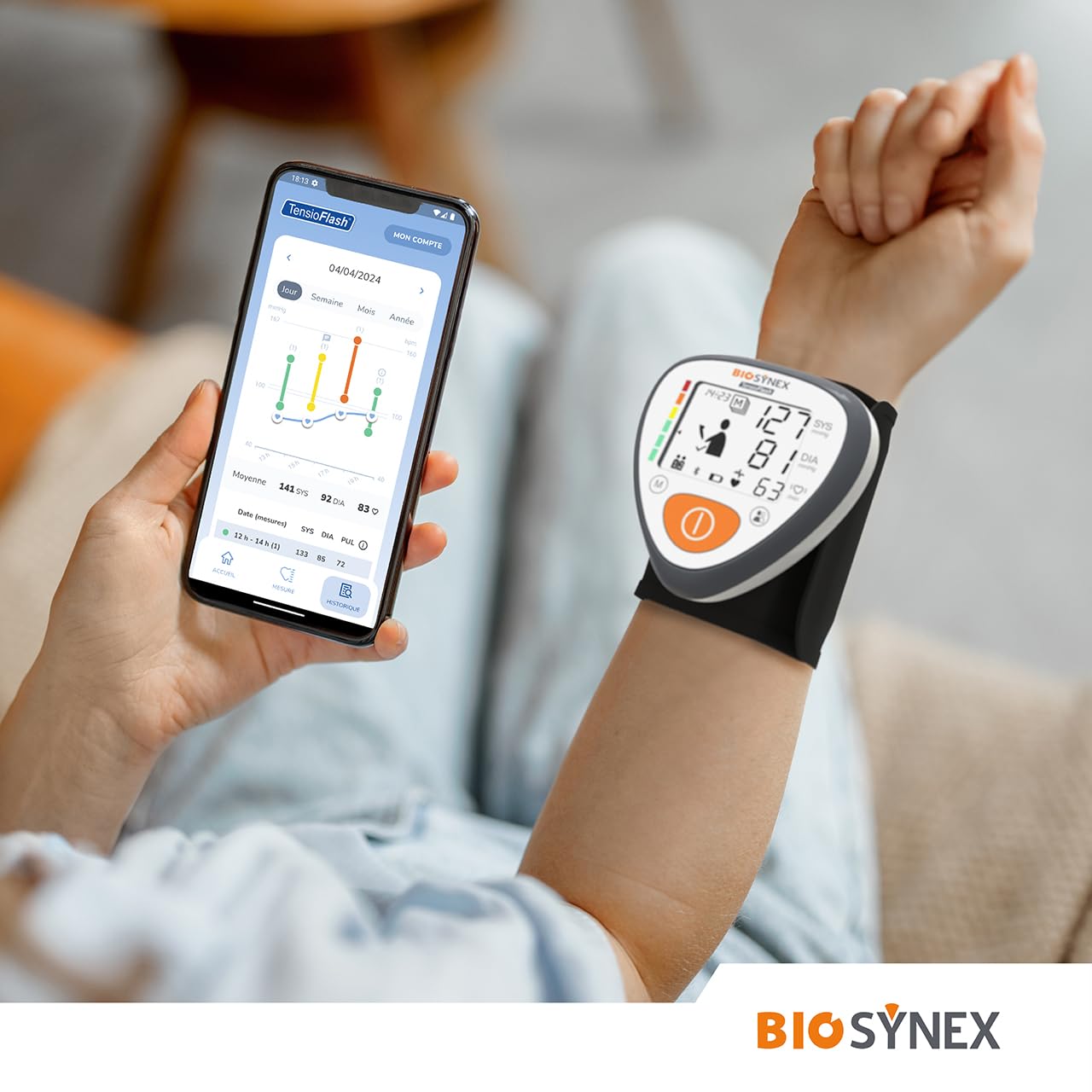BIOSYNEX - TensioFlash - Tensiomètre Poignet Fabriqué en France - Mesure la Tension Artérielle et la Fréquence Cardiaque - Arythmie - Hypertension - Garantie trois ans