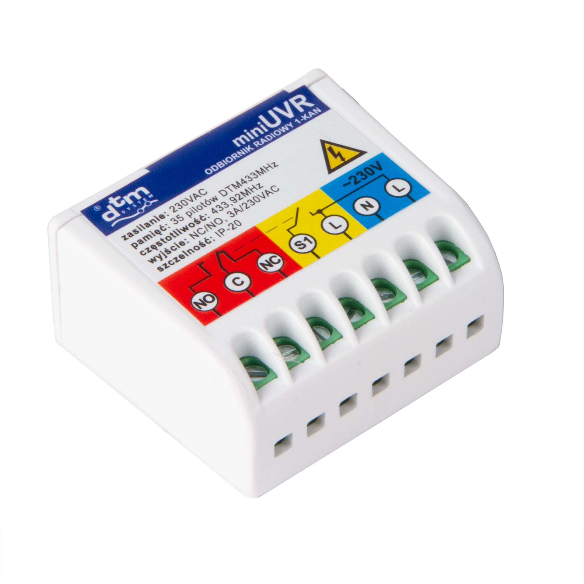 Récepteur radio DTM MINIUVR 1 canal 230 V 433 MHz Possibilité de commande émetteur et bouton poussoir LED Connexion directe sur 230 V