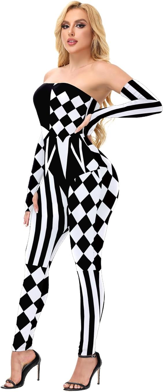 Women's Halloween Clown Bodysuit Costume Off Shoulder with Detachable Sleeves Outfit for Cosplay Carnival Party