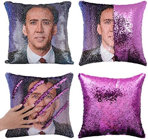 Merrycolor Mermaid Pillow Cover Magic Reversible Sequin Pillow Cover Throw Cushion Case Decorative Pillowcase That Change Color (D Nicolas Cage#1- Purple Sequins)