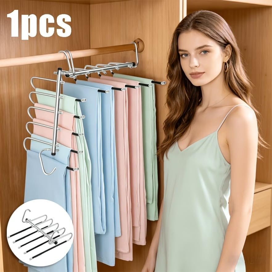 Image of SR (Pack of 1) 5 in 1 Stainless Steel Foldable Hangers for Clothes Hanging Multi Layer Multi-Purpose Pant Hangers for Wardrobe Magic Foldable Hanger Clothes Hanger
