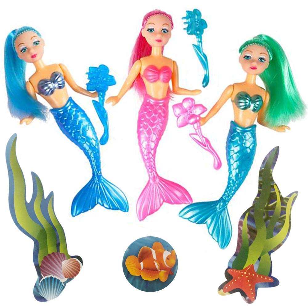 ArtCreativity Mermaid Playset for Girls, Mermaid Toys Set with 3 Figurines & 3 Brushes Princess Party Favors for Children, Best Birthday Gift for Kids
