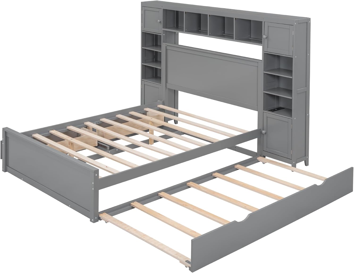 Gray Full Platform Bed with Storage and Trundle