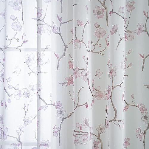 Miniatura 8 de Linentalks Cortinas traslúcidas florales de 84 pulgadas de largo, juego de 2 paneles de flores de cerezo semitraslúcidas para sala de estar,