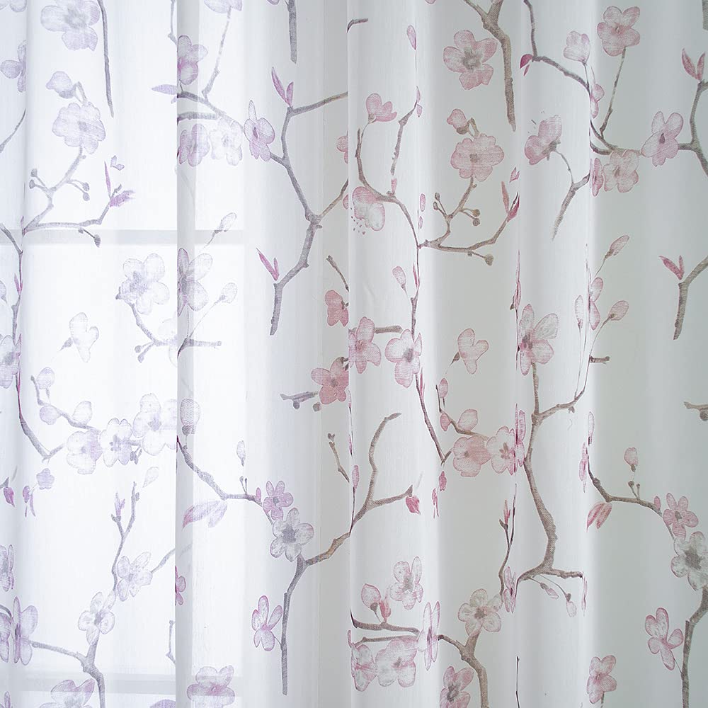 Linentalks Floral Pink Sheer Curtains 84 Inches Long 2 Panels Set, Cherry Flower Semi Sheer Blush Curtains for Living Room, Rod Pocket Sheer Pink Curtains for Girls Bedroom, Light Pink Curtain Drapes