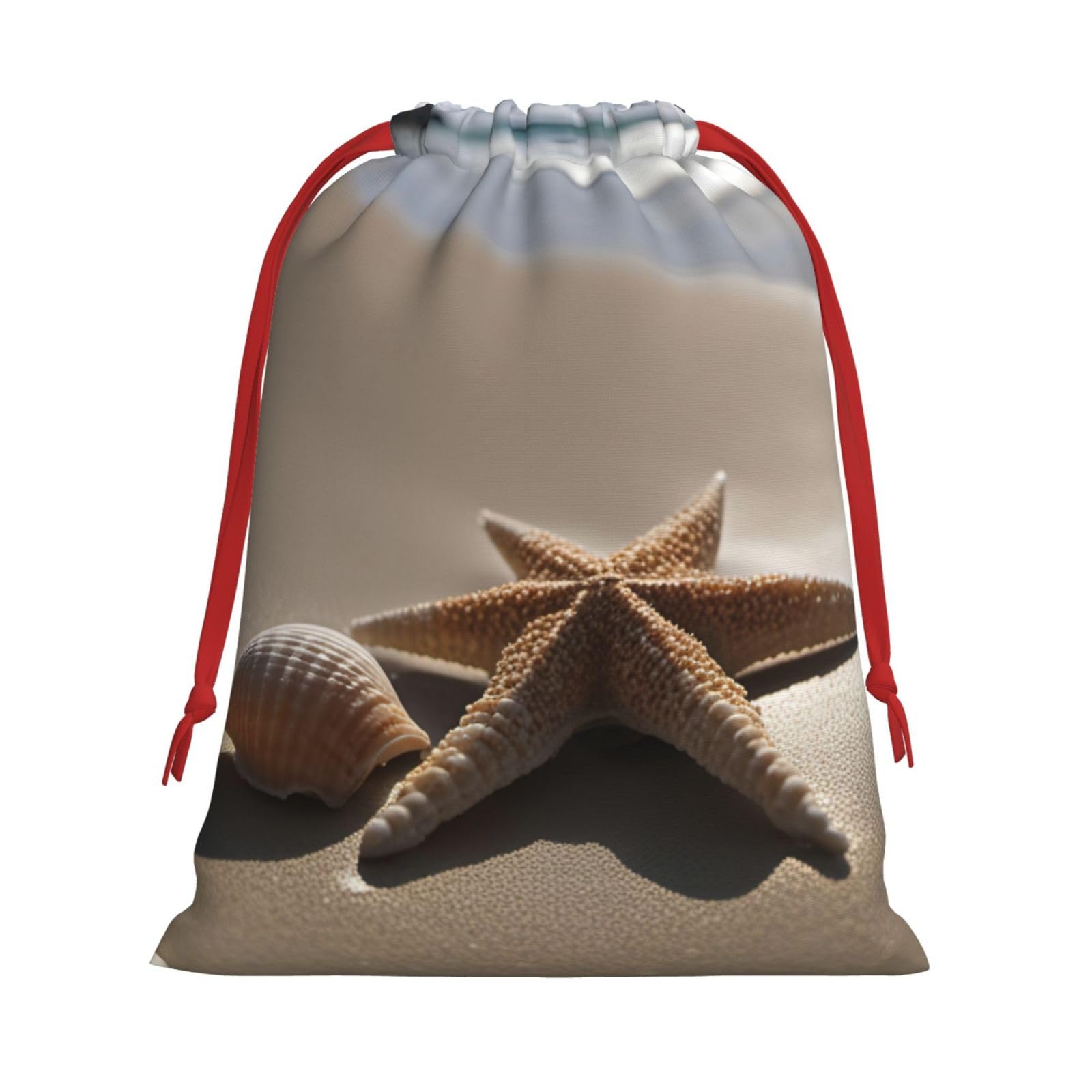 Starfish Seashell Sandy Beach Print Reusable Gift Bags Bundle,Holiday Gift Bags For Women,Christmas,Birthdays,Drawstring Bags