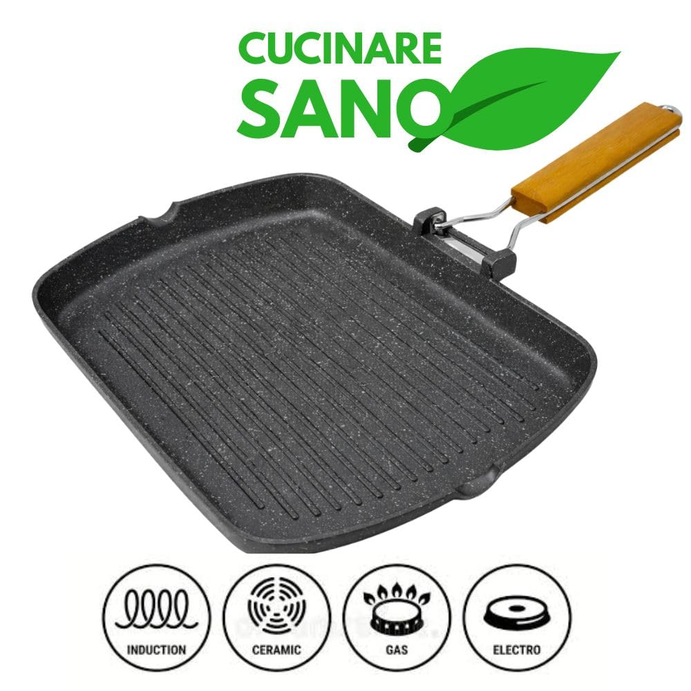 Bistecchiera 36x26 cm in Alluminio con Rivestimento in Pietra Antiaderente – Grill Pan Ultraresistente per Cottura Sana Senza Olio – Manico Ergonomico Pieghevole