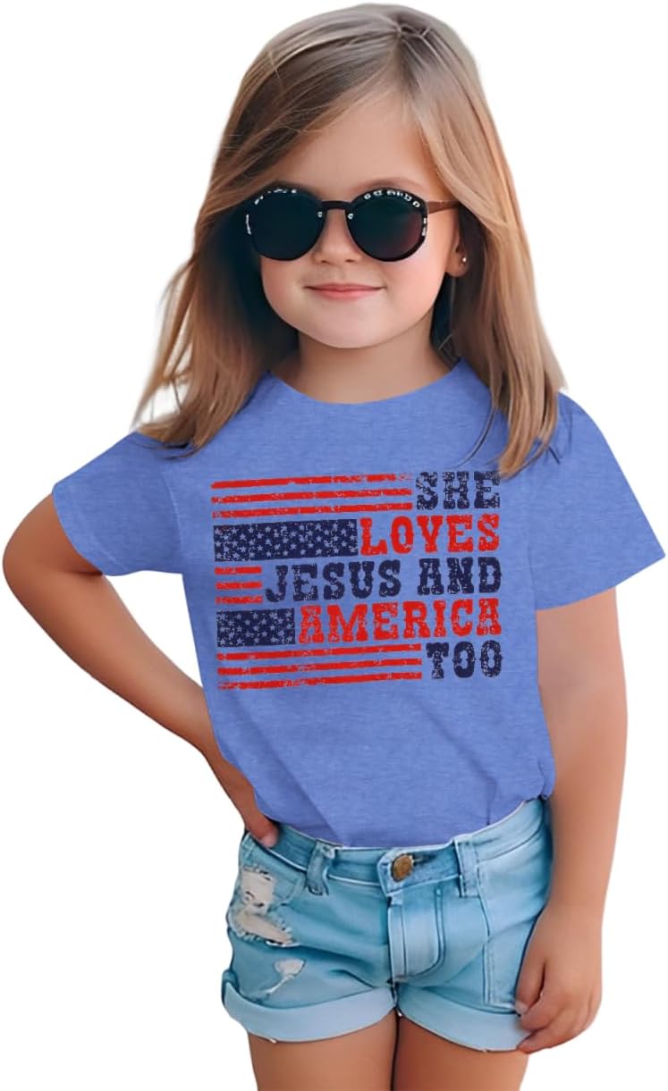 MODNTOGA Toddler Girl 4th of July Patriotic Shirt She Love Jesus and America Too Letter Print Tshirt USA Flag Graphic Tee Top