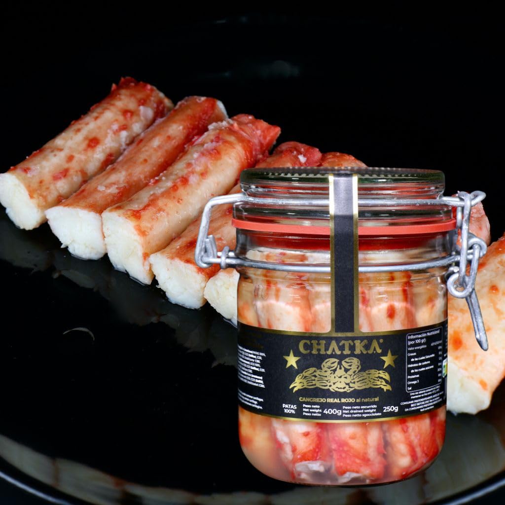 Chatka - Konserve im Glas mit 100% Beinen aus rotem Königskrabbenfleisch, sorgfältig verarbeitet und geeignet für kalte Speisen, Salate und Vorspeisen. (250 gram)