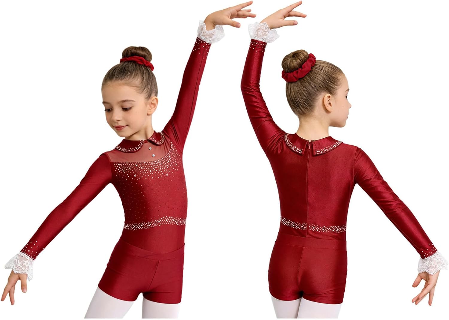 Girls Rhinestone Long Sleeve Dance Leotard with Shorts & Hair Bow Sparkly Lace Bodysuit Ballet Dancewear for Recital