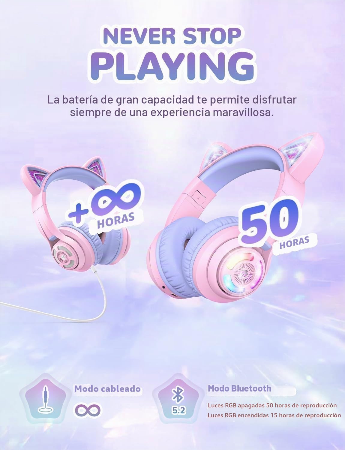 iClever Auriculares Bluetooth para Niños, BTH13 Cat Ear LED Light Up Kids Auriculares Inalámbricos, 50H Playtime, 74/85/94dB Limitación de Volumen, con Micrófono sobre la Oreja