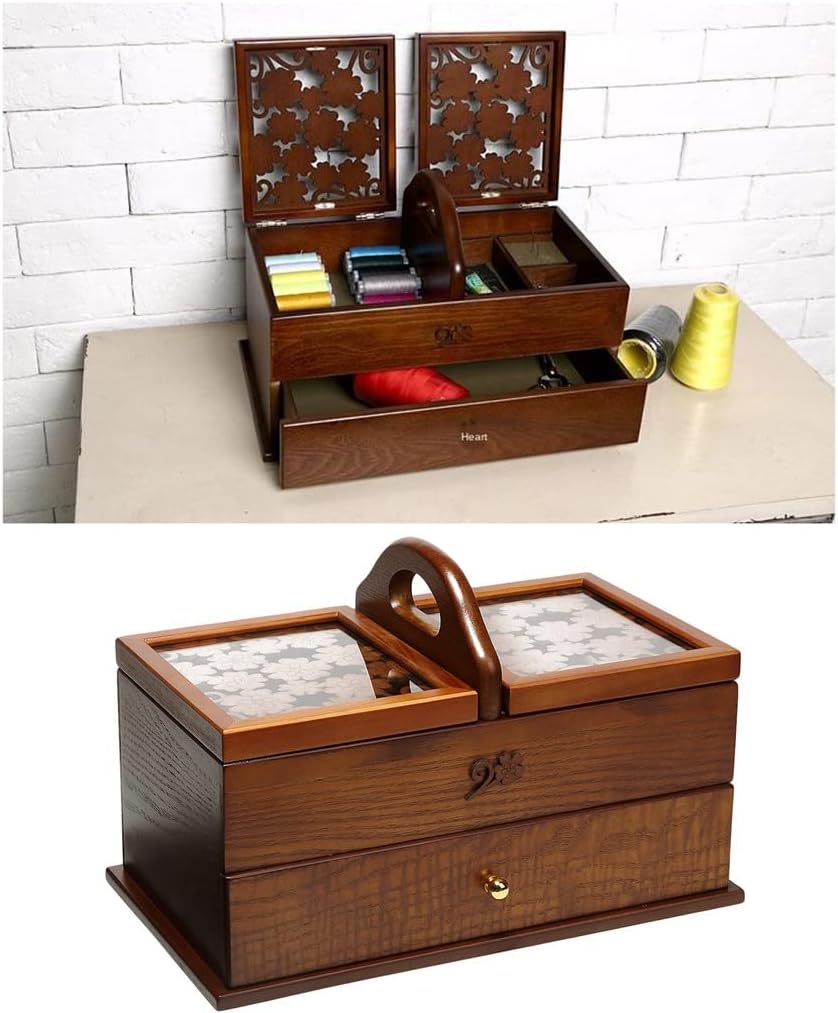 FMURY Retro Cantilever Wood Sewing Basket Sew Kit Storage Expanding Box Case Wooden Organizer