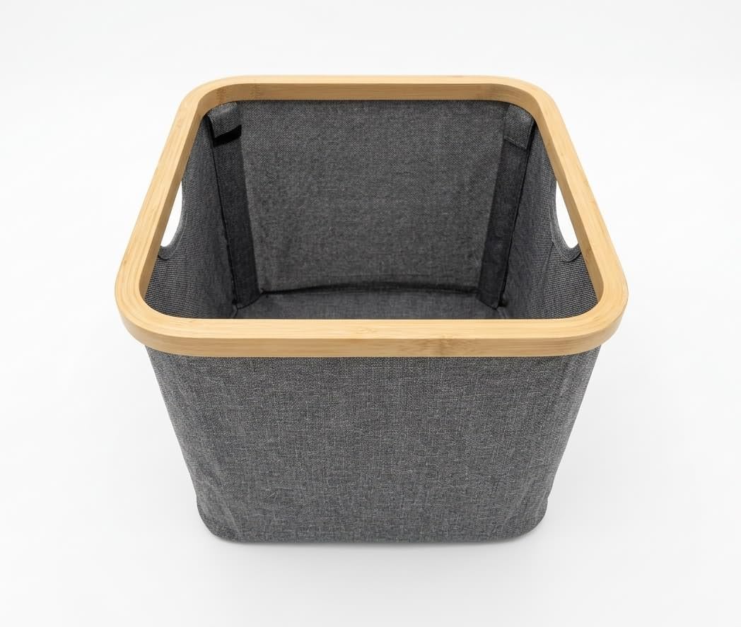 Bamboo Storage Basket, Collapsible Fabric Shelf Basket with Handles, Open-Top Closet Organizer Bin, Gray, 11.8 x 11.8 x 9.6 in