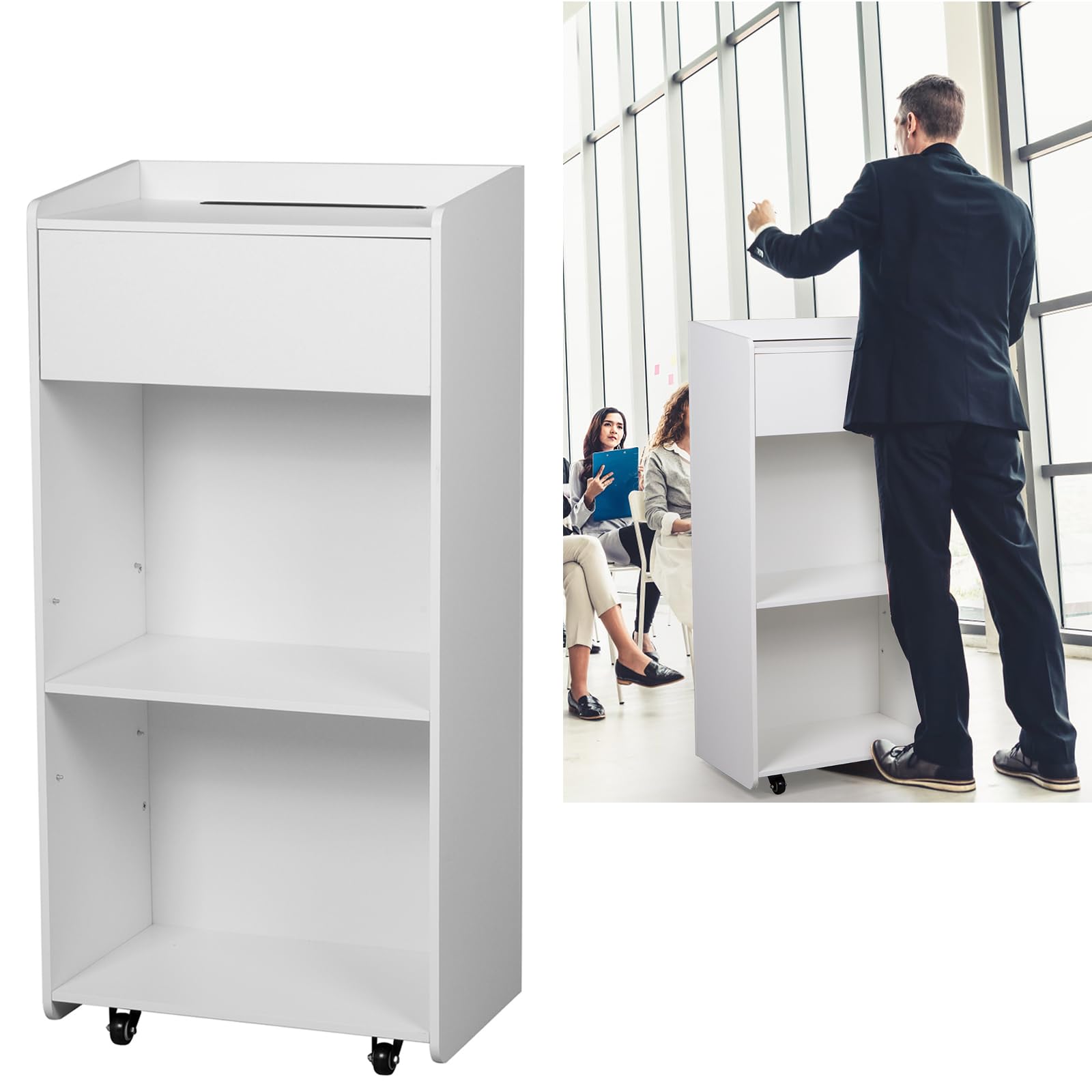 Photo 1 of Nisorpa Podium Stand, Standing Desk for Speakers with Rolling Wheels, Storage Shelf Used as for Pulpits for Churches, Wooden Standing Shelf for Classrooms, Offices, Restaurants, White