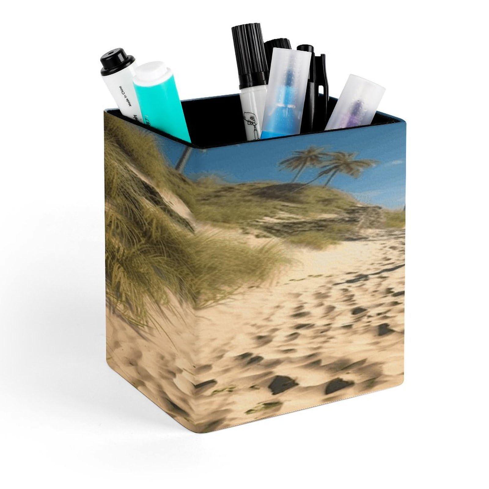 FekiLoot Beach Themed Pen Holder Personalized Desktop Pencil Holders Case Office Accessories Container Box for Square Pen Cup Desktop Organizer Makeup Brush Holder Caddy Storage