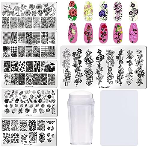 Bellelfin Nail Stamper Kit 6pcs Nail Stamping Flower Leaves Vine Image Template with Nail Art Stamp and Scraper for Salon Home DIY Manicure