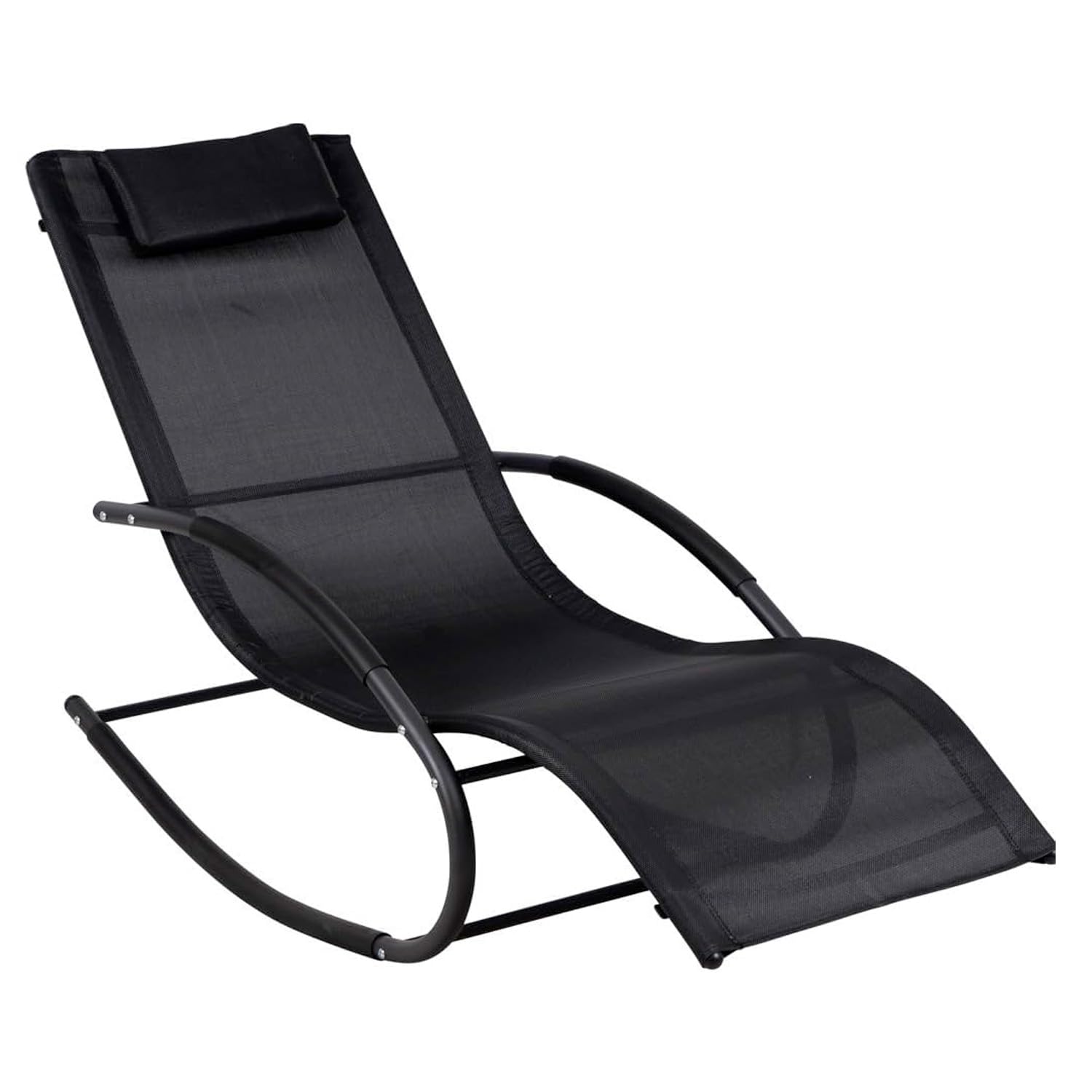 Sedia Relax Basculante Da Esterno Con Poggiatesta Imbottito Poltrona Ergonomica A Dondolo In Textilene Traspirante Per Giardino Piscina Veranda Outdoor 160 x 65 x 90 Cm Nero
