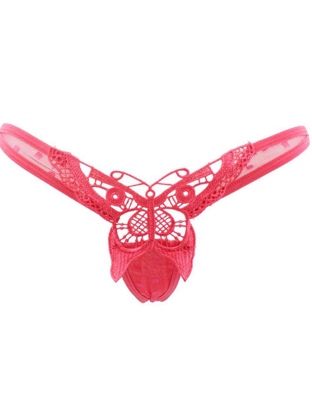 weel Beautiful Butterflies Embroidered Transparent Sexy Underwear Low Waist Contracted Temptation Y Type Deep Pink