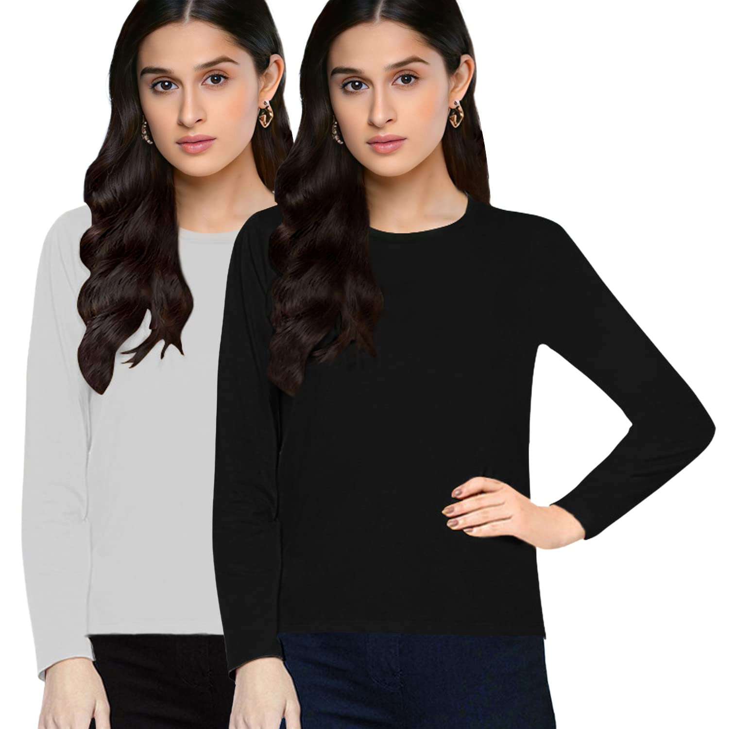 Premium Plain Womens Round Neck Full Sleeves Pack of 2 Cotton White & Black Tshirts.Festive,Offer,Discount,Sale,Trending Tees and Tshirts-picture-23