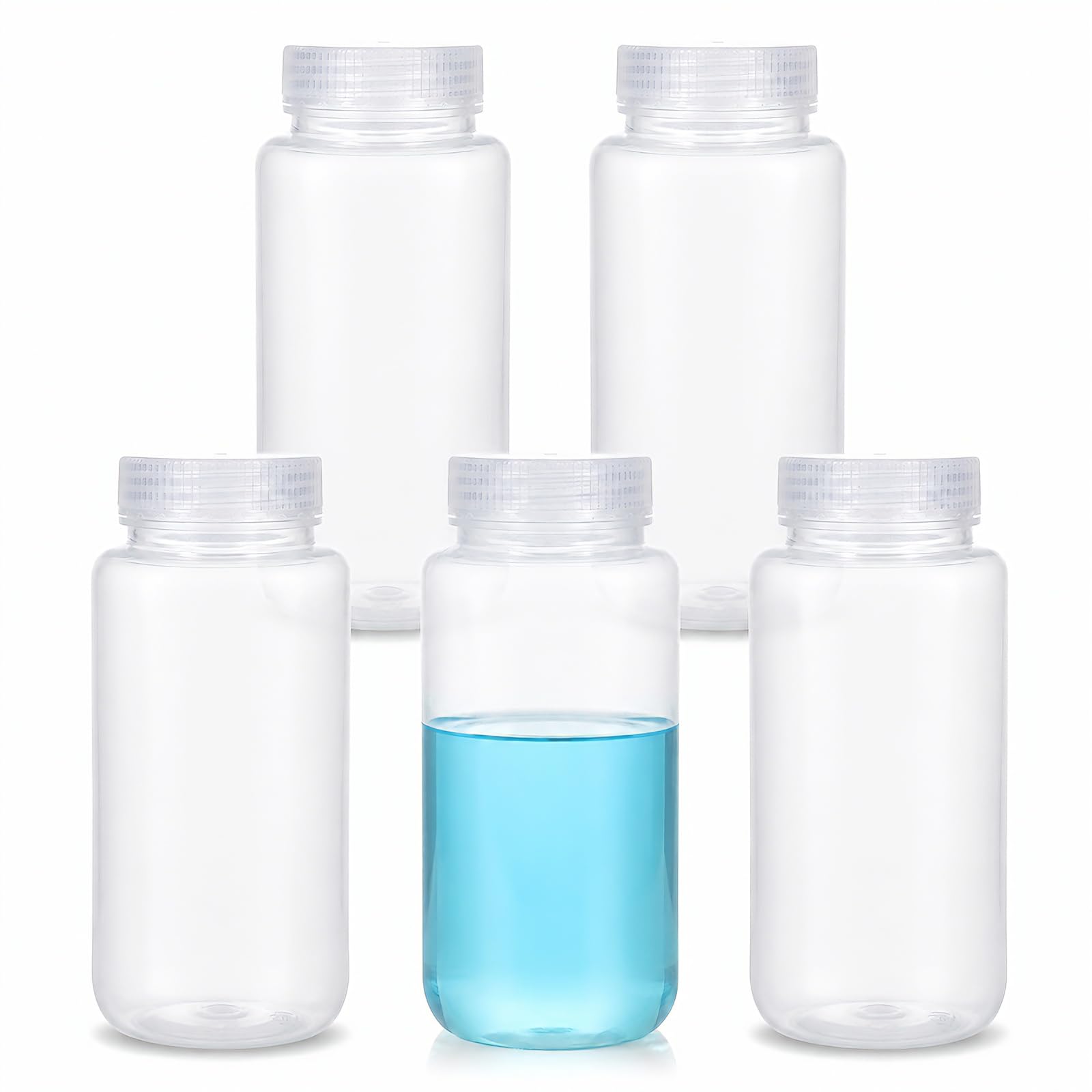 METAPACK 16 oz/500 ml Wide Mouth Plastic Bottles with Airtight Lids, Food Grade PP Sample Containers, Leakproof for Water, Lab Liquids, Medicine and Powder Storage, Clear, 5 Pack