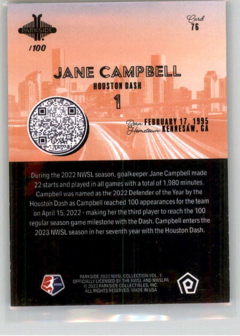 2023 Parkside NWSL Vol 1 Shimmer #76 Jane Campbell Houston Dash Official National Women's Soccer League Card in Raw (NM or Better) Condition