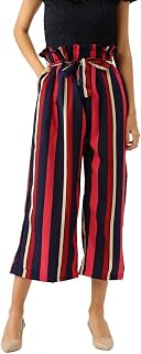 Women Free Size Striped Crepe Palazzo/Bottom with Belt Waistsize 28 to 44 inches