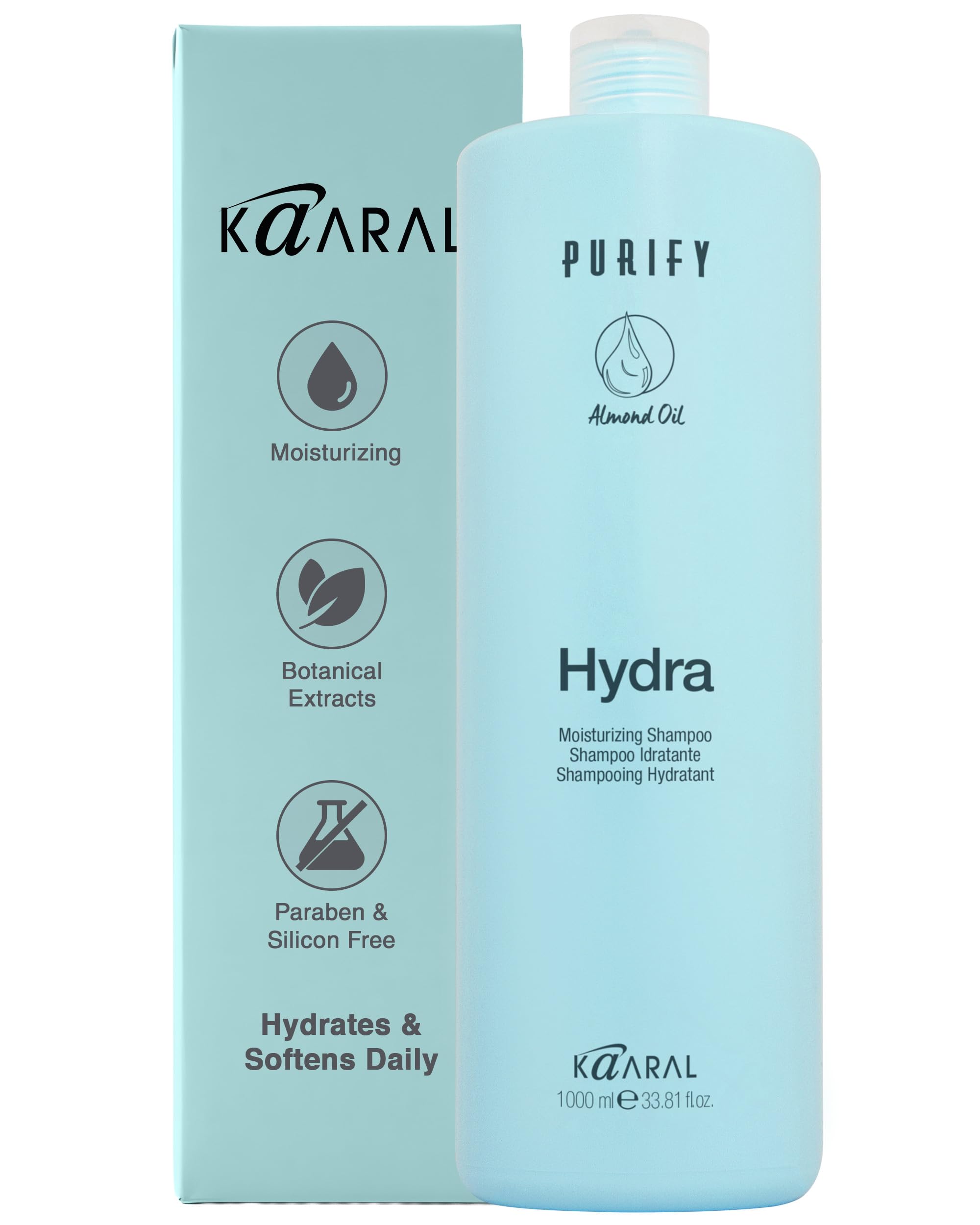 Kaaral Purify Hydra Moisturizing Shampoo - Natural Hydrating Care for Dry or Color Treated Hair - Safe for Women and Men - Softens and Revives Hair - Professional Quality Formula - 1000 ml