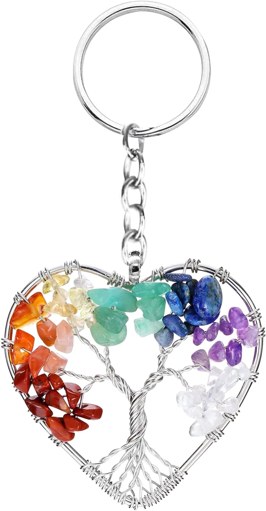 Tree of Life Keyring 7 Chakra Healing Crystal Tumbled Stone Natural Gemstone Car Key Chain Reiki Healing Keychain for Friendship Women Men Girls Bikes Home